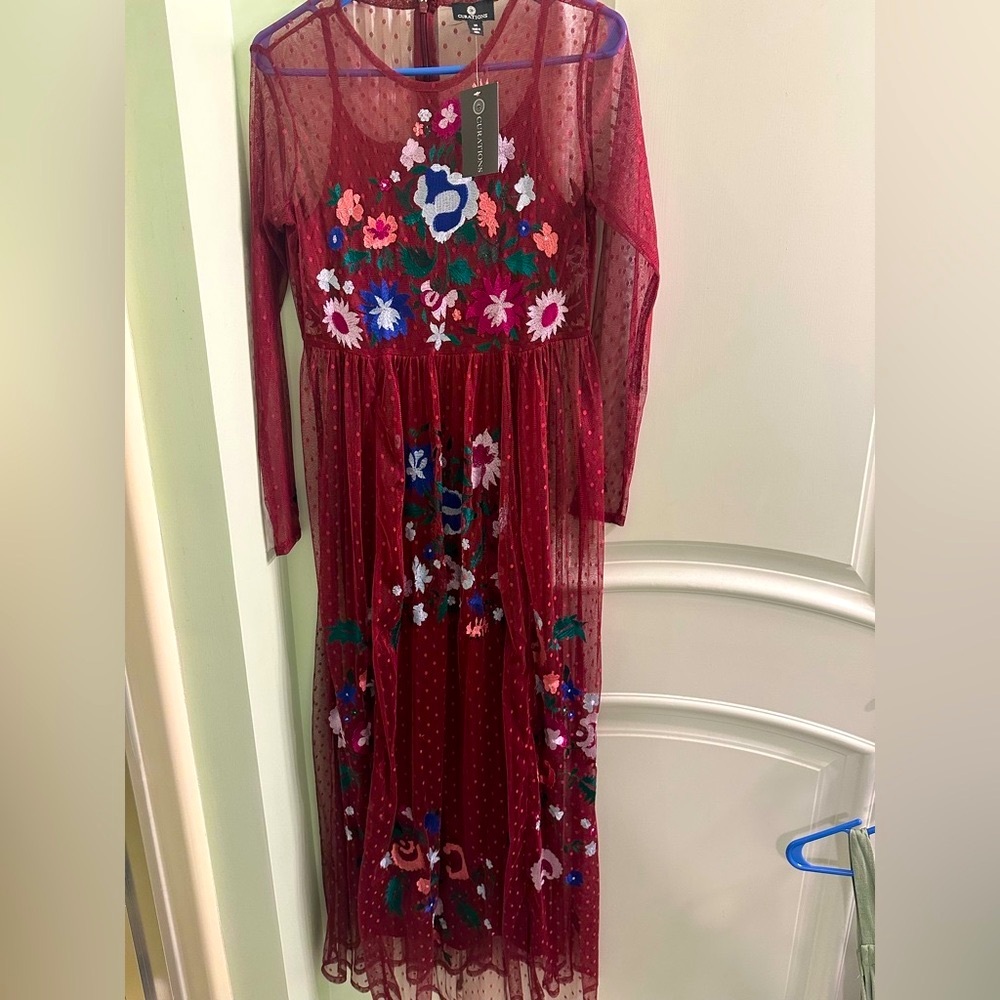 NWT Curations Wine Mesh Floral Embroidery MAXI